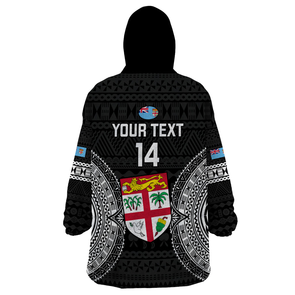 Custom Fiji Rugby Wearable Blanket Hoodie 2023 Fijian Tapa Pattern World Cup Black - Wonder Print Shop