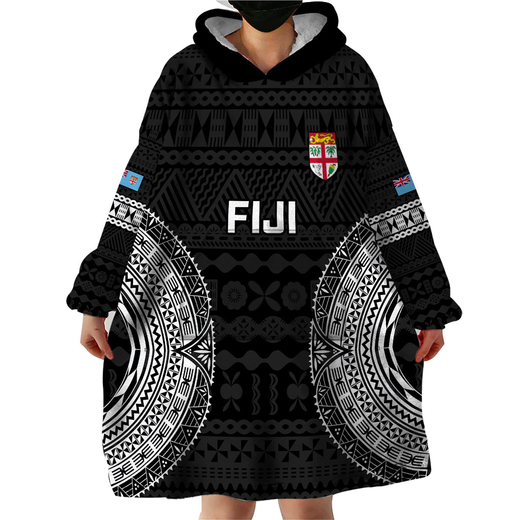 Custom Fiji Rugby Wearable Blanket Hoodie 2023 Fijian Tapa Pattern World Cup Black - Wonder Print Shop