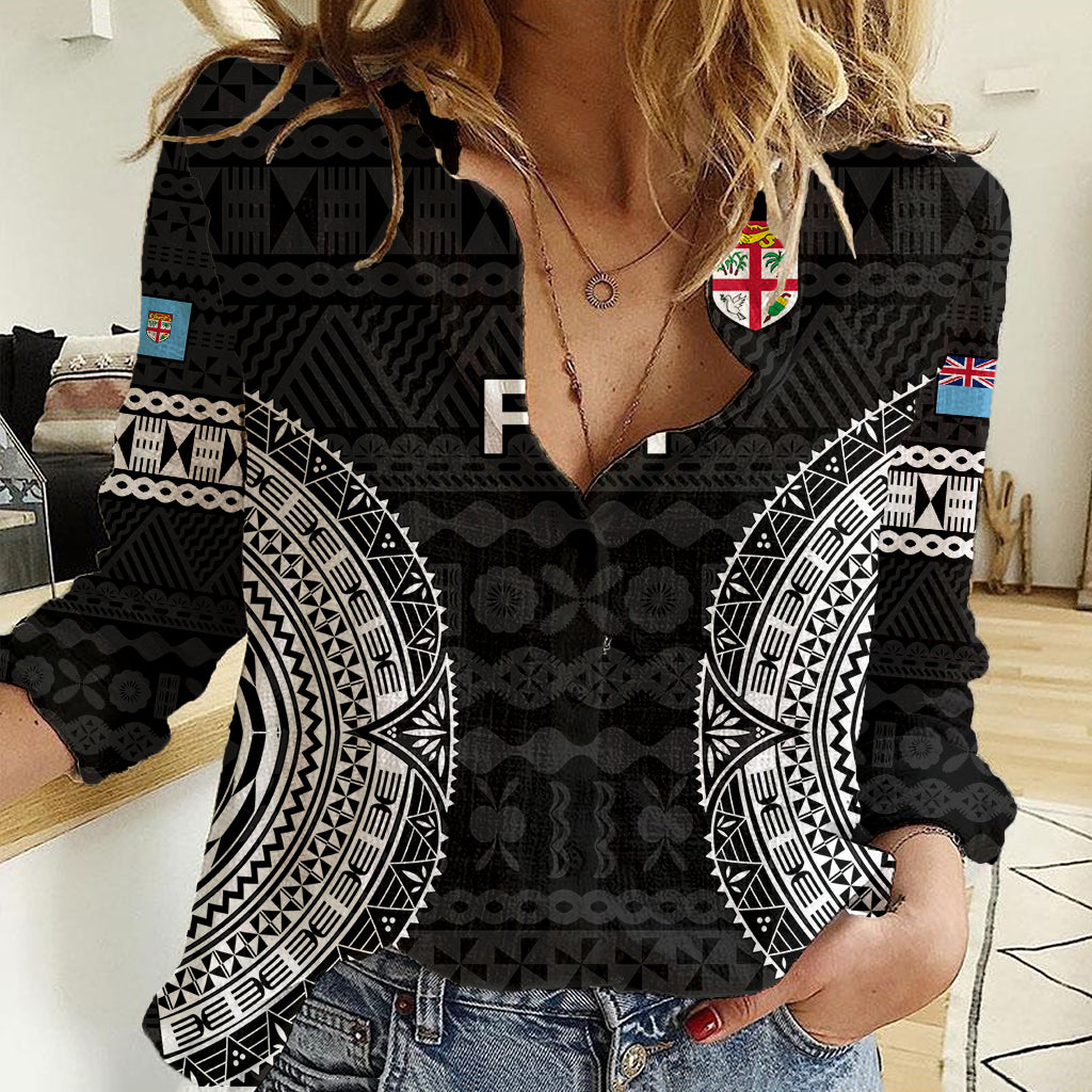 Custom Fiji Rugby Women Casual Shirt 2023 Fijian Tapa Pattern World Cup Black - Wonder Print Shop