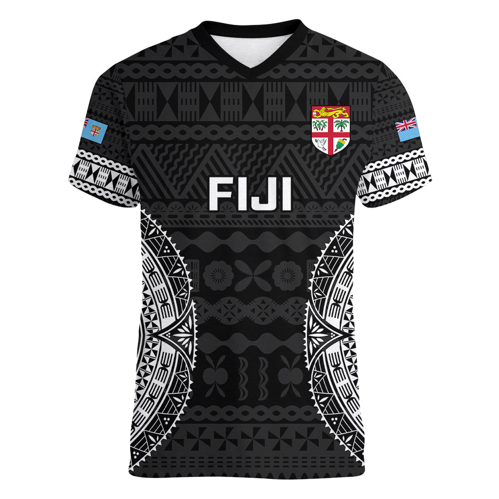 Custom Fiji Rugby Women V Neck T Shirt 2023 Fijian Tapa Pattern World Cup Black - Wonder Print Shop