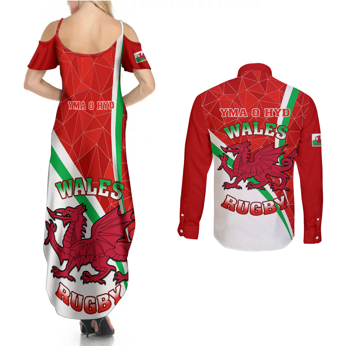 Wales Rugby Couples Matching Summer Maxi Dress and Long Sleeve Button Shirts 2023 World Cup Cymru Curve Style - Wonder Print Shop
