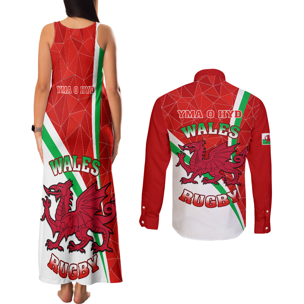 Wales Rugby Couples Matching Tank Maxi Dress and Long Sleeve Button Shirts 2023 World Cup Cymru Curve Style - Wonder Print Shop