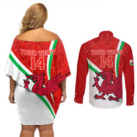 Custom Wales Rugby Couples Matching Off Shoulder Short Dress and Long Sleeve Button Shirts 2023 World Cup Cymru Curve Style - Wonder Print Shop