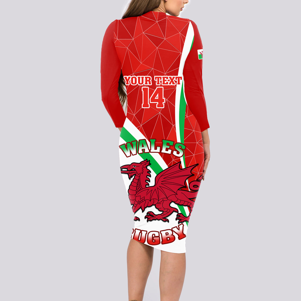 Custom Wales Rugby Long Sleeve Bodycon Dress 2023 World Cup Cymru Curve Style - Wonder Print Shop