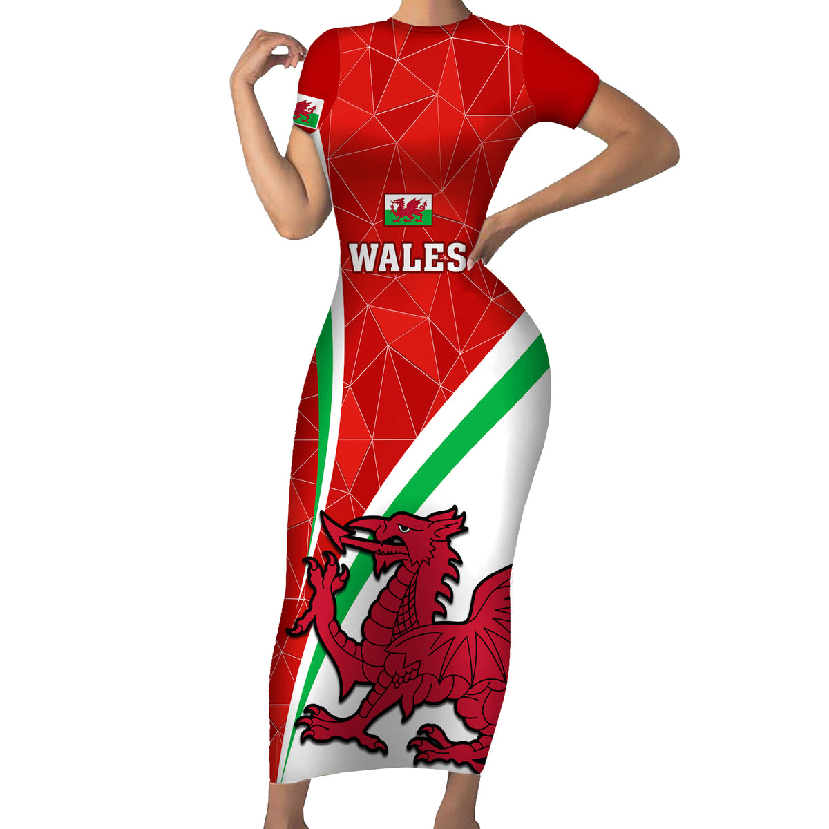 Custom Wales Rugby Short Sleeve Bodycon Dress 2023 World Cup Cymru Curve Style - Wonder Print Shop