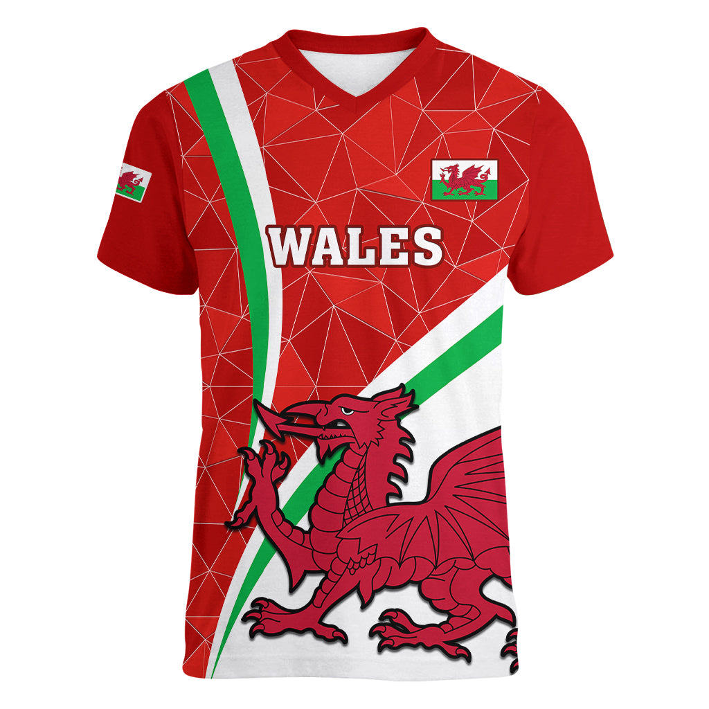 Custom Wales Rugby Women V Neck T Shirt 2023 World Cup Cymru Curve Style - Wonder Print Shop