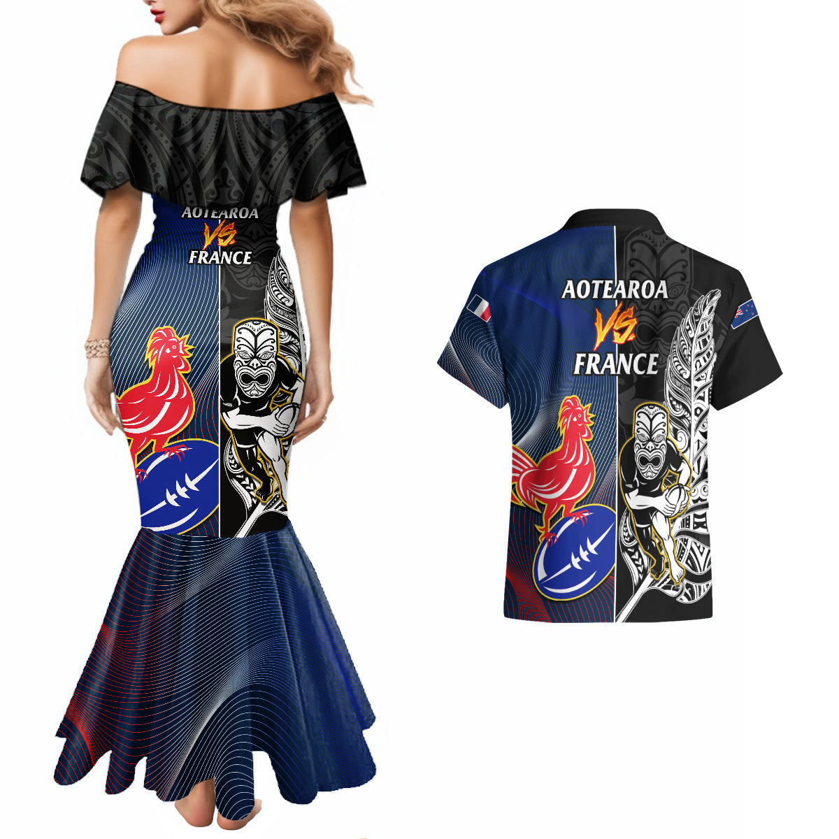 New Zealand And France Rugby Couples Matching Mermaid Dress and Hawaiian Shirt All Black With Les Bleus Together 2023 World Cup - Wonder Print Shop
