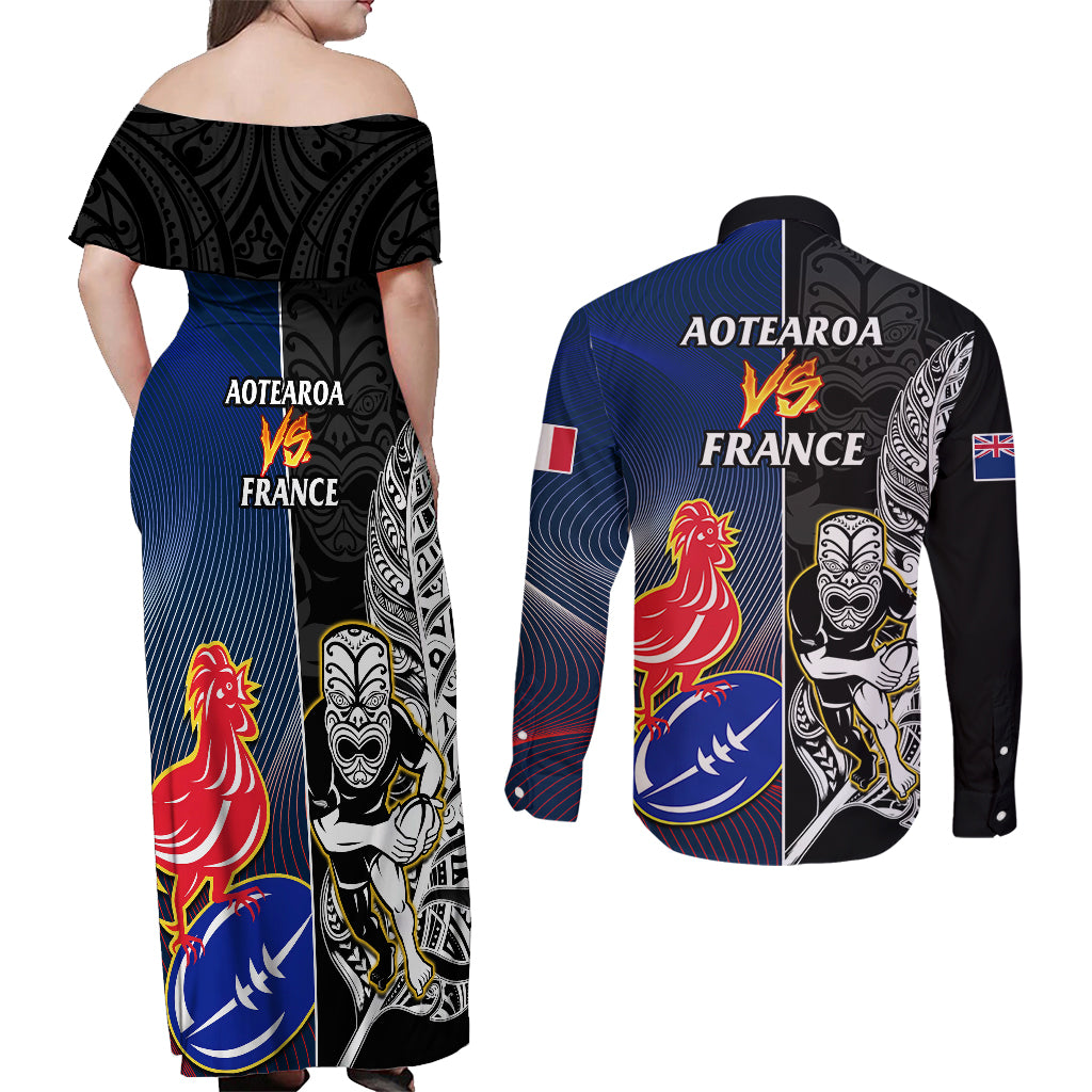 New Zealand And France Rugby Couples Matching Off Shoulder Maxi Dress and Long Sleeve Button Shirts All Black With Les Bleus Together 2023 World Cup - Wonder Print Shop