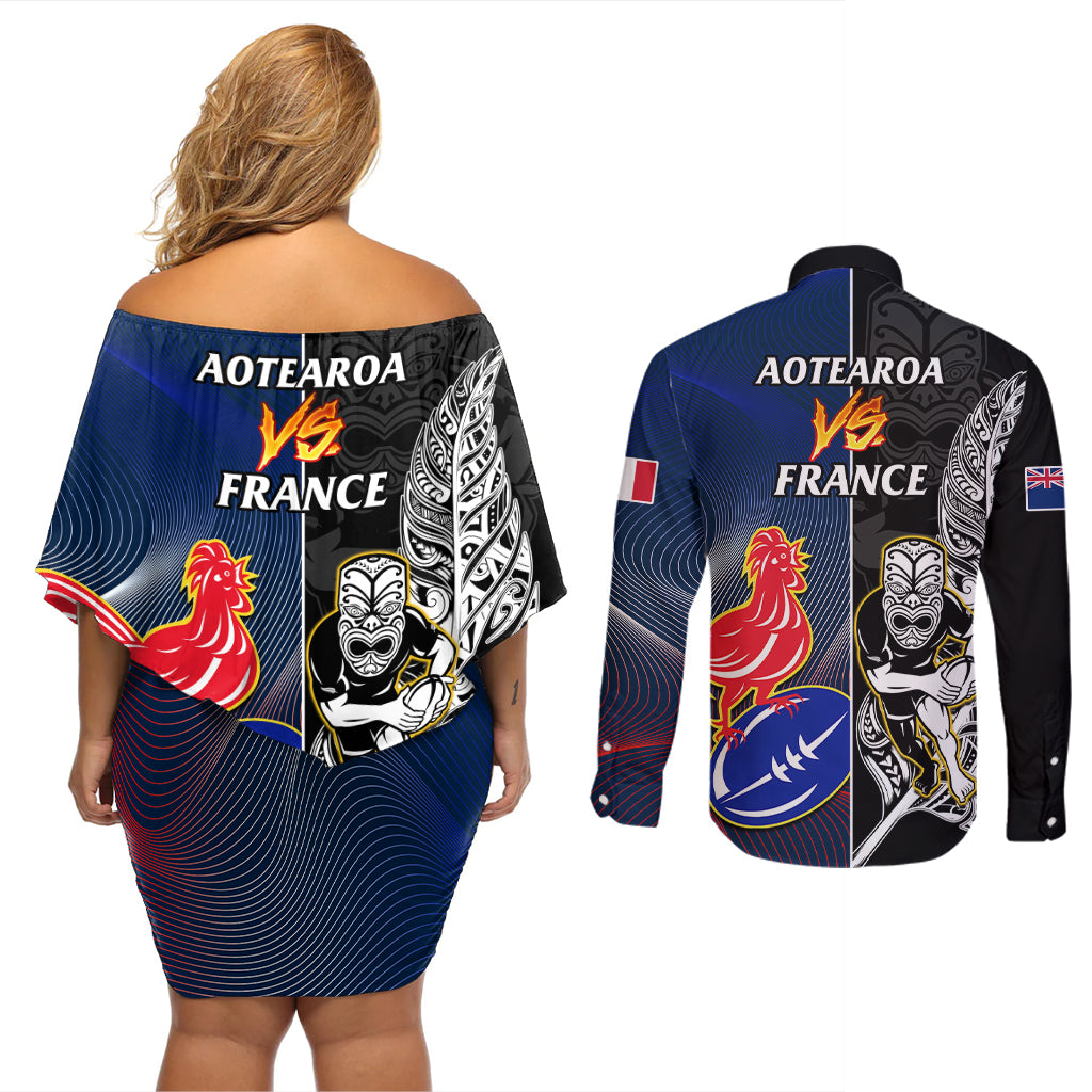 New Zealand And France Rugby Couples Matching Off Shoulder Short Dress and Long Sleeve Button Shirts All Black With Les Bleus Together 2023 World Cup - Wonder Print Shop