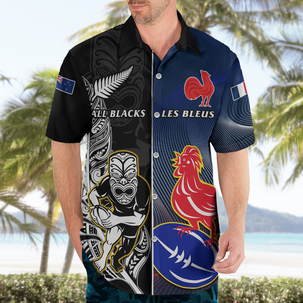 New Zealand And France Rugby Hawaiian Shirt All Black With Les Bleus Together 2023 World Cup - Wonder Print Shop