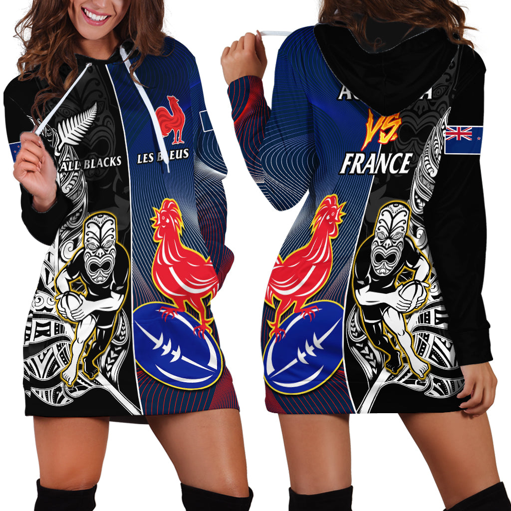 New Zealand And France Rugby Hoodie Dress All Black With Les Bleus Together 2023 World Cup - Wonder Print Shop