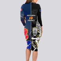 New Zealand And France Rugby Long Sleeve Bodycon Dress All Black With Les Bleus Together 2023 World Cup - Wonder Print Shop