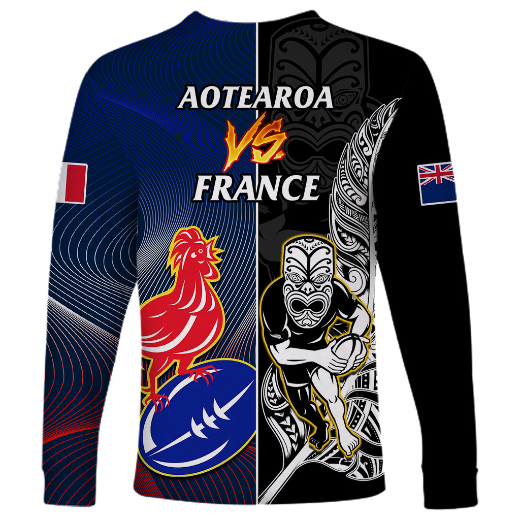 New Zealand And France Rugby Long Sleeve Shirt All Black With Les Bleus Together 2023 World Cup - Wonder Print Shop