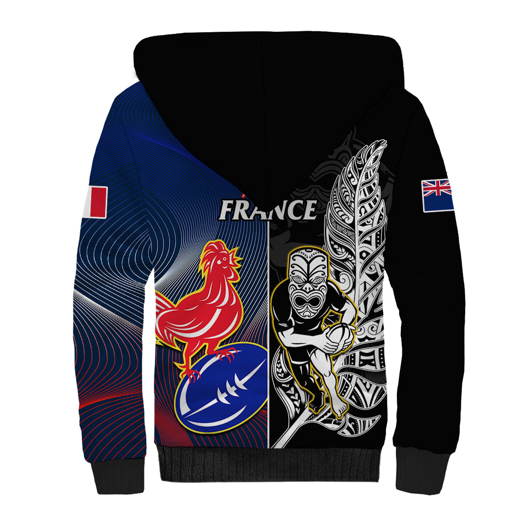 New Zealand And France Rugby Sherpa Hoodie All Black With Les Bleus Together 2023 World Cup - Wonder Print Shop