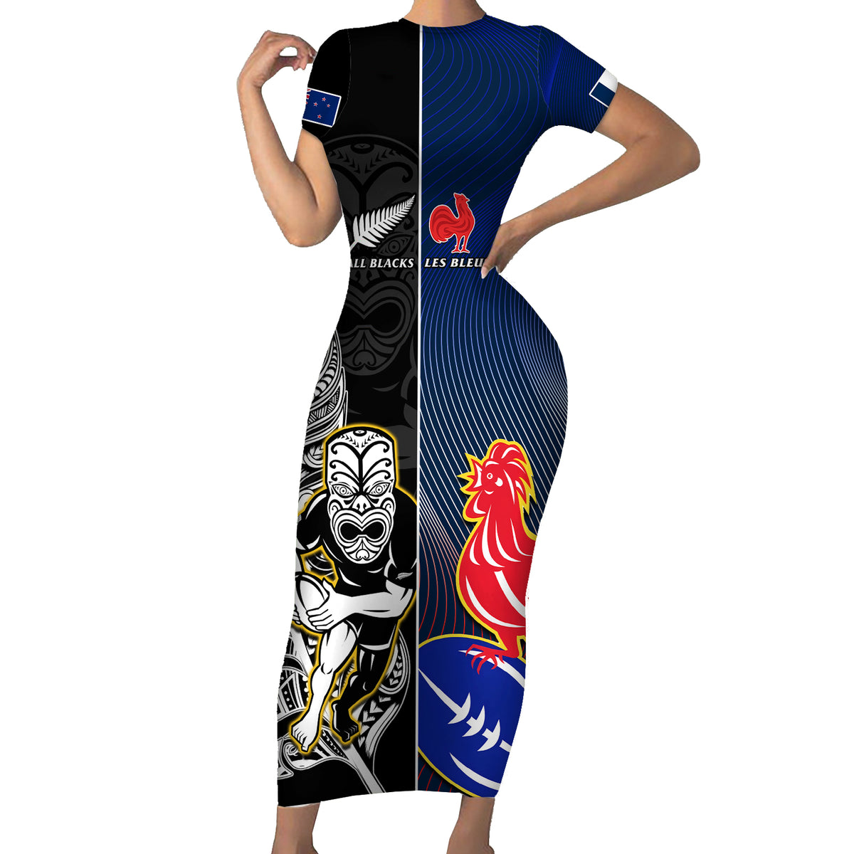 New Zealand And France Rugby Short Sleeve Bodycon Dress All Black With Les Bleus Together 2023 World Cup - Wonder Print Shop