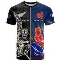 New Zealand And France Rugby T Shirt All Black With Les Bleus Together 2023 World Cup - Wonder Print Shop