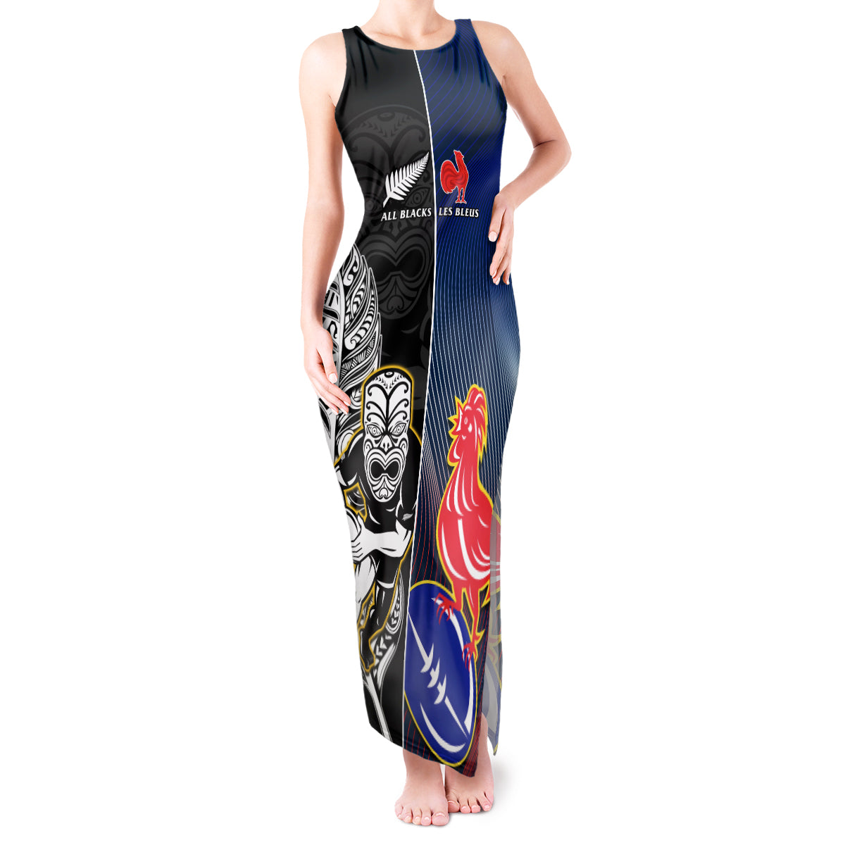 New Zealand And France Rugby Tank Maxi Dress All Black With Les Bleus Together 2023 World Cup - Wonder Print Shop