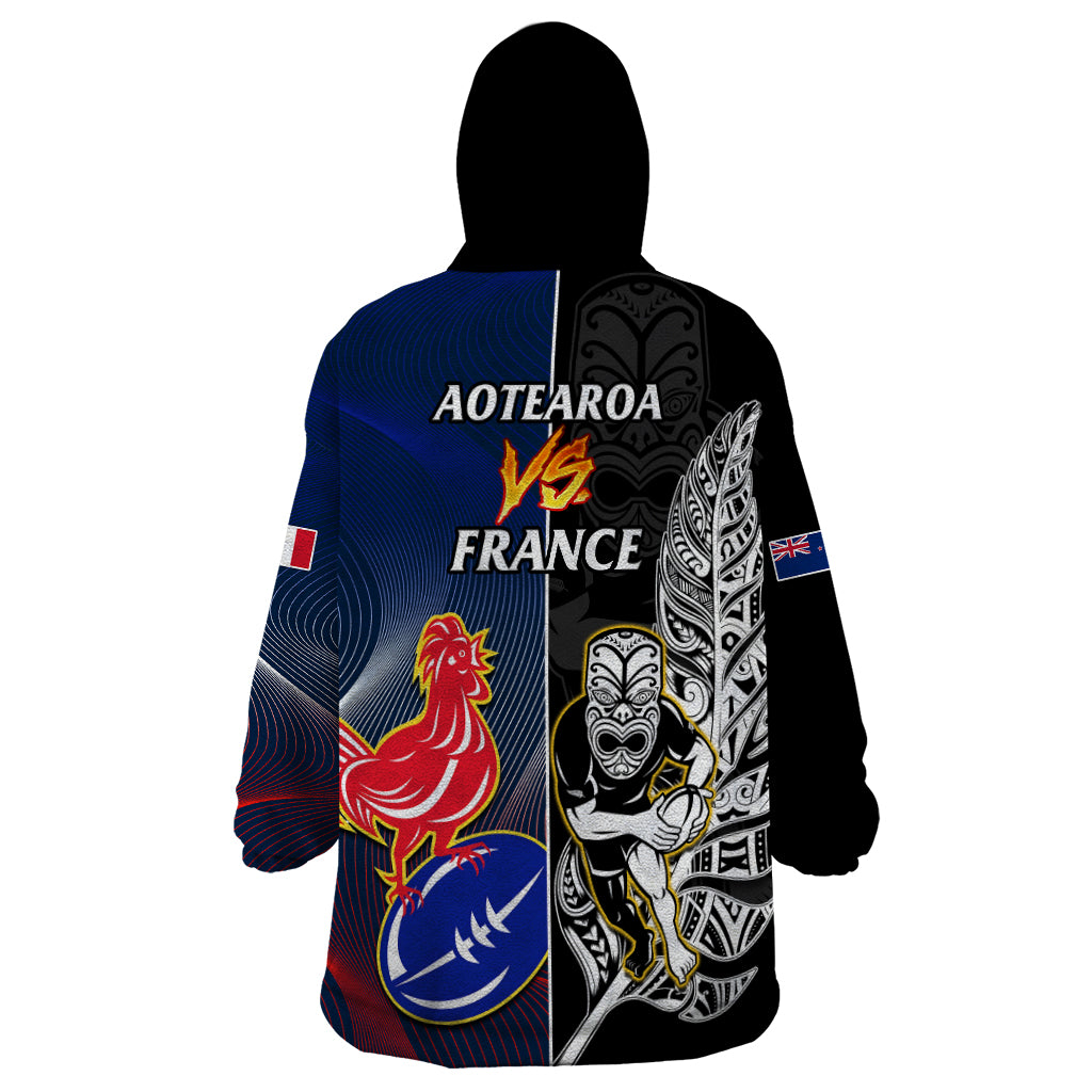 New Zealand And France Rugby Wearable Blanket Hoodie All Black With Les Bleus Together 2023 World Cup - Wonder Print Shop