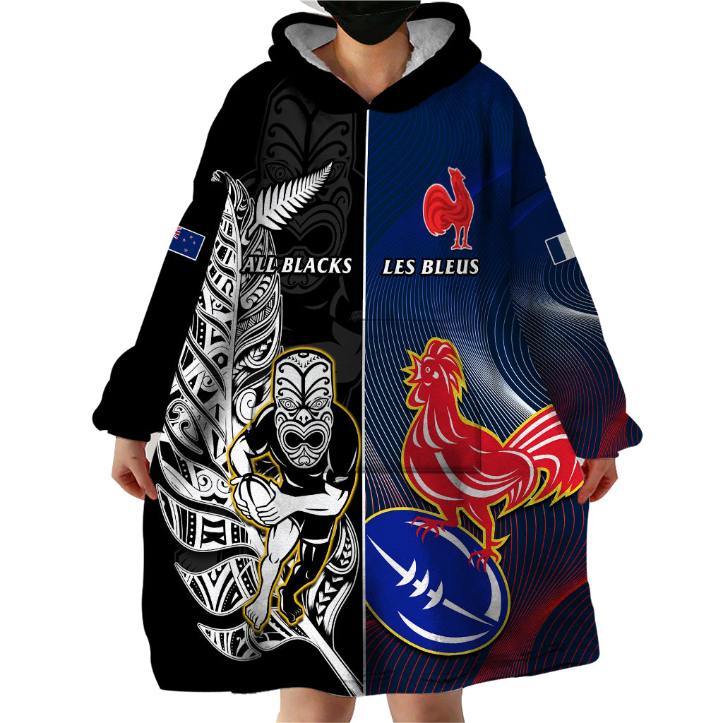 New Zealand And France Rugby Wearable Blanket Hoodie All Black With Les Bleus Together 2023 World Cup - Wonder Print Shop