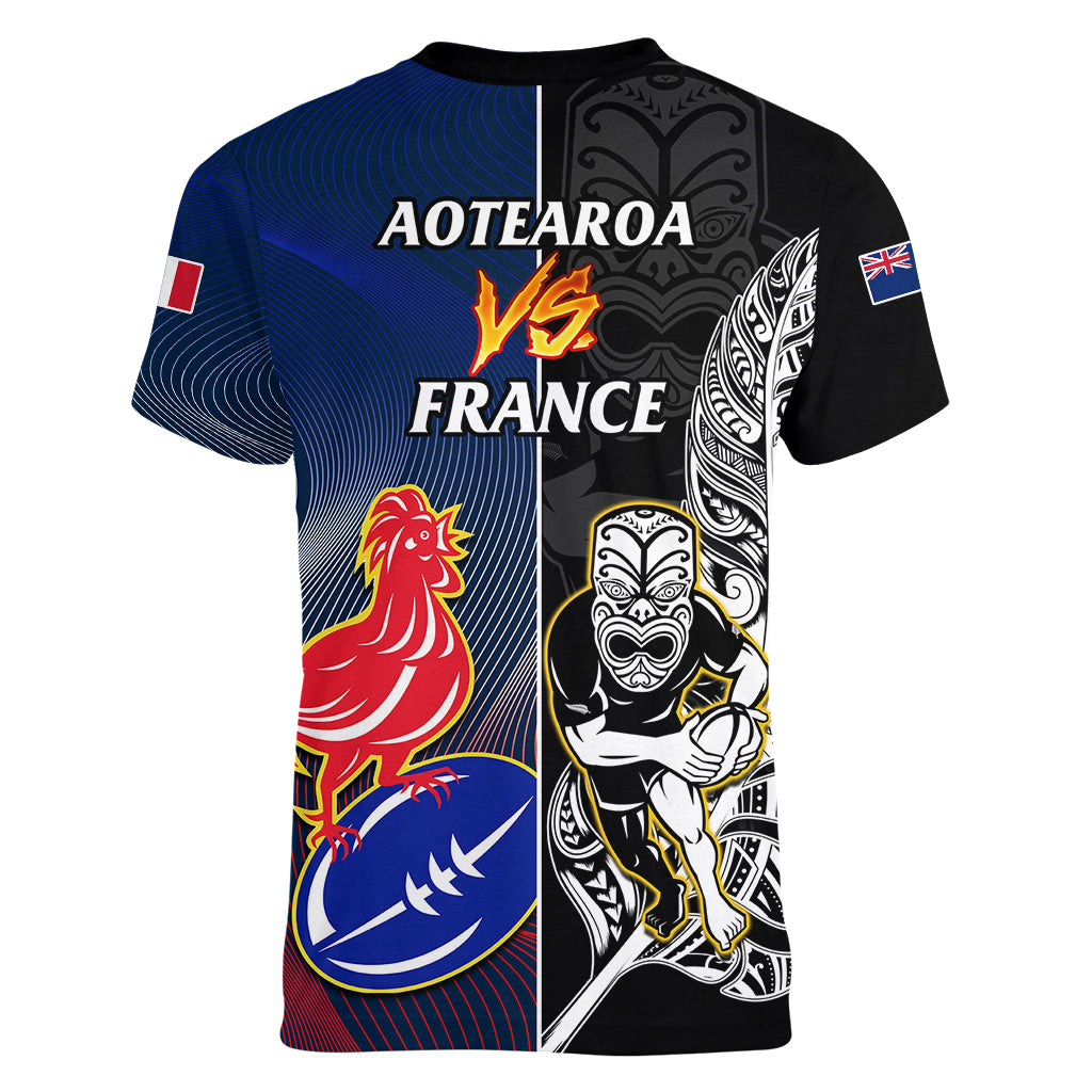 New Zealand And France Rugby Women V Neck T Shirt All Black With Les Bleus Together 2023 World Cup - Wonder Print Shop