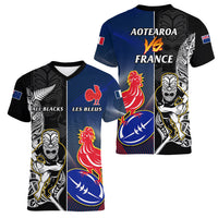 New Zealand And France Rugby Women V Neck T Shirt All Black With Les Bleus Together 2023 World Cup - Wonder Print Shop