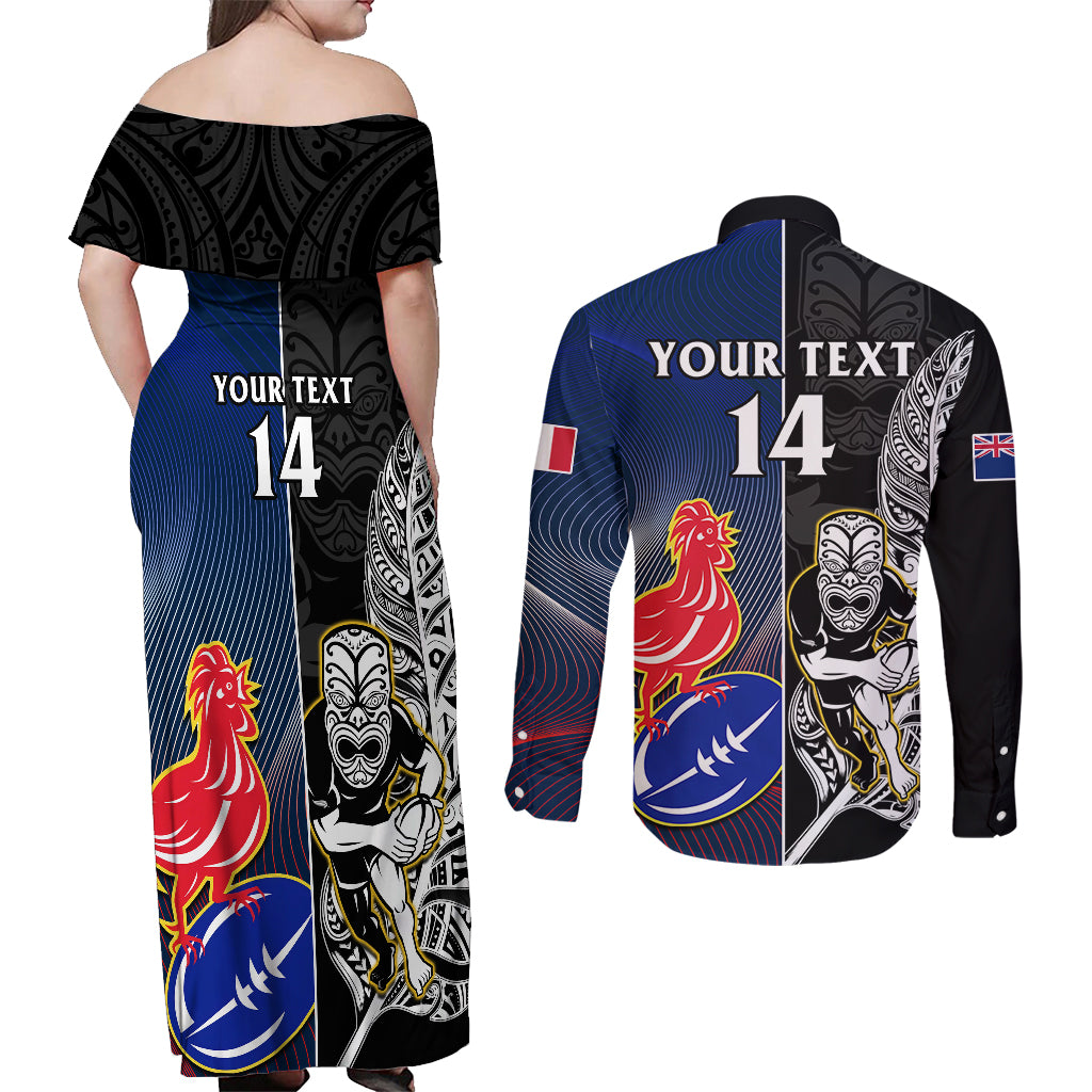 Custom New Zealand And France Rugby Couples Matching Off Shoulder Maxi Dress and Long Sleeve Button Shirts All Black With Les Bleus Together 2023 World Cup - Wonder Print Shop