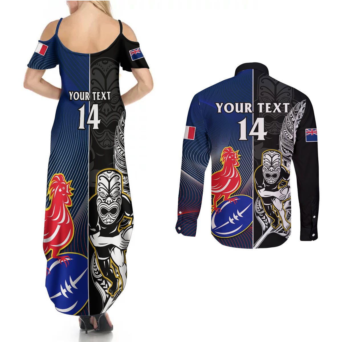 Custom New Zealand And France Rugby Couples Matching Summer Maxi Dress and Long Sleeve Button Shirts All Black With Les Bleus Together 2023 World Cup - Wonder Print Shop