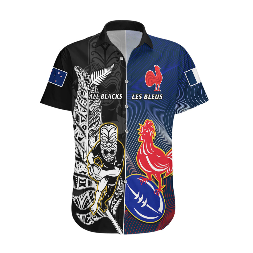 Custom New Zealand And France Rugby Hawaiian Shirt All Black With Les Bleus Together 2023 World Cup - Wonder Print Shop