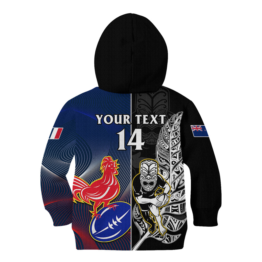 Custom New Zealand And France Rugby Kid Hoodie All Black With Les Bleus Together 2023 World Cup - Wonder Print Shop