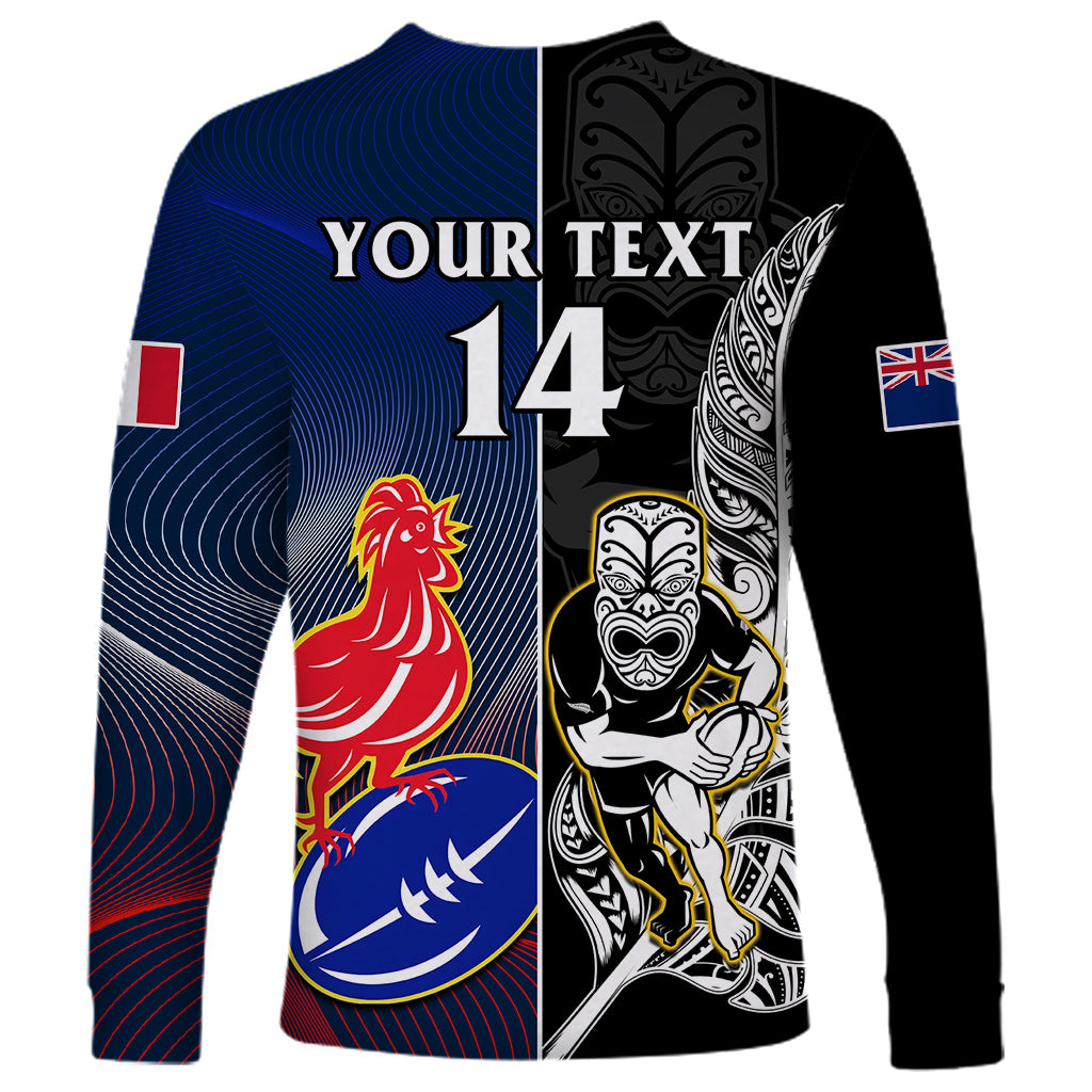 Custom New Zealand And France Rugby Long Sleeve Shirt All Black With Les Bleus Together 2023 World Cup - Wonder Print Shop
