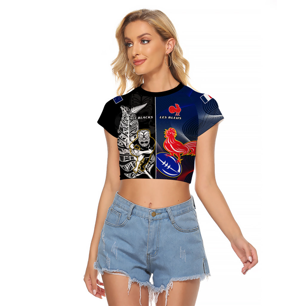 Custom New Zealand And France Rugby Raglan Cropped T Shirt All Black With Les Bleus Together 2023 World Cup - Wonder Print Shop