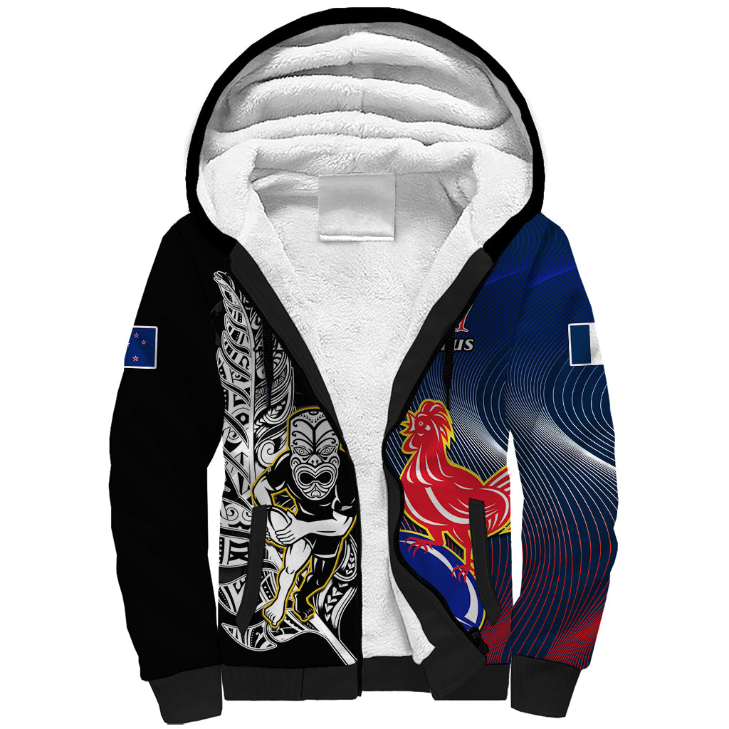 Custom New Zealand And France Rugby Sherpa Hoodie All Black With Les Bleus Together 2023 World Cup - Wonder Print Shop