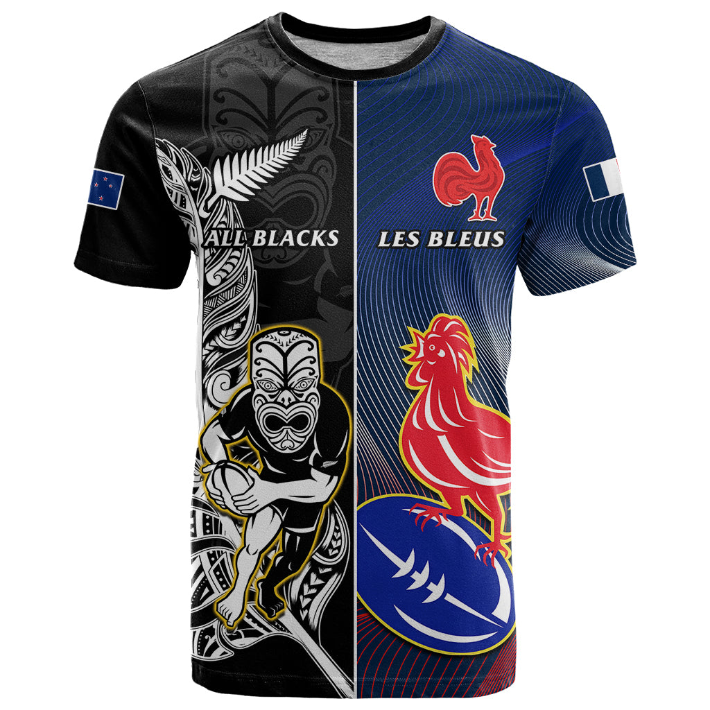 Custom New Zealand And France Rugby T Shirt All Black With Les Bleus Together 2023 World Cup - Wonder Print Shop