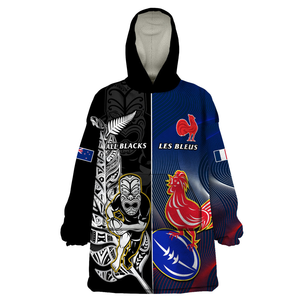 Custom New Zealand And France Rugby Wearable Blanket Hoodie All Black With Les Bleus Together 2023 World Cup - Wonder Print Shop