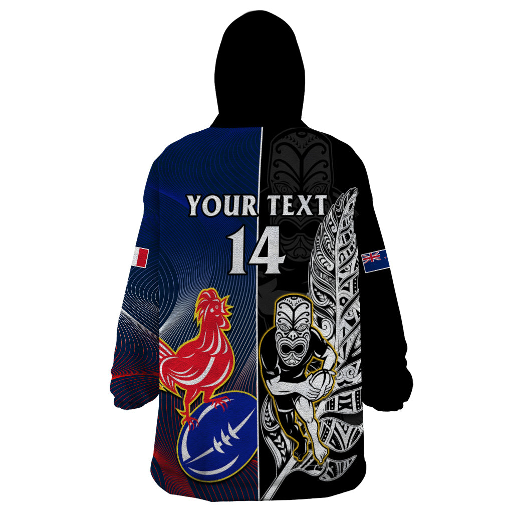 Custom New Zealand And France Rugby Wearable Blanket Hoodie All Black With Les Bleus Together 2023 World Cup - Wonder Print Shop