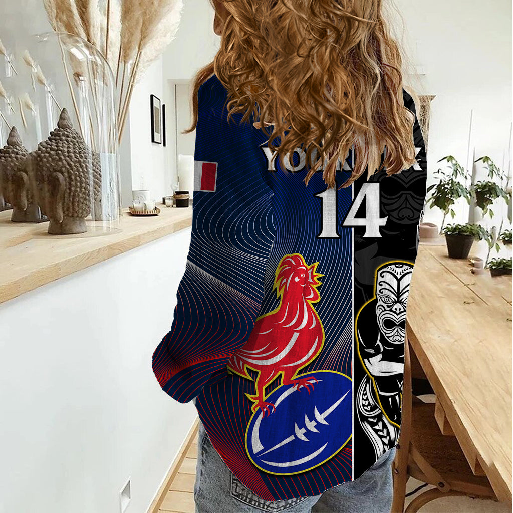 Custom New Zealand And France Rugby Women Casual Shirt All Black With Les Bleus Together 2023 World Cup - Wonder Print Shop