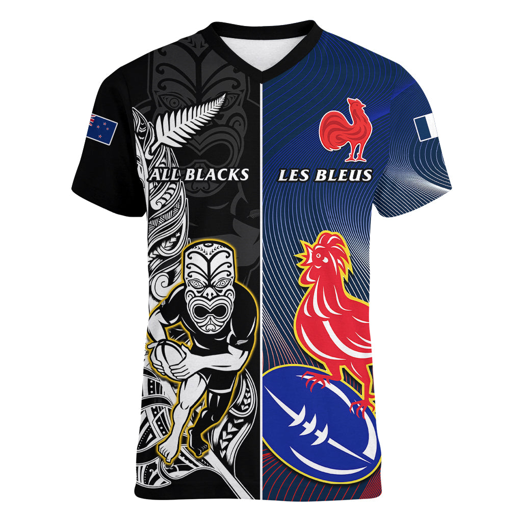 Custom New Zealand And France Rugby Women V Neck T Shirt All Black With Les Bleus Together 2023 World Cup - Wonder Print Shop