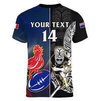 Custom New Zealand And France Rugby Women V Neck T Shirt All Black With Les Bleus Together 2023 World Cup - Wonder Print Shop