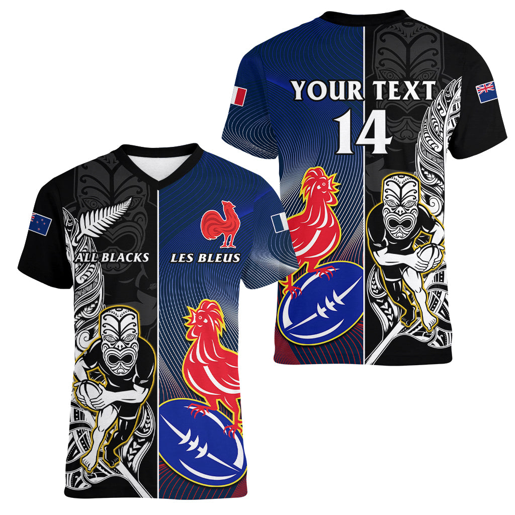 Custom New Zealand And France Rugby Women V Neck T Shirt All Black With Les Bleus Together 2023 World Cup - Wonder Print Shop