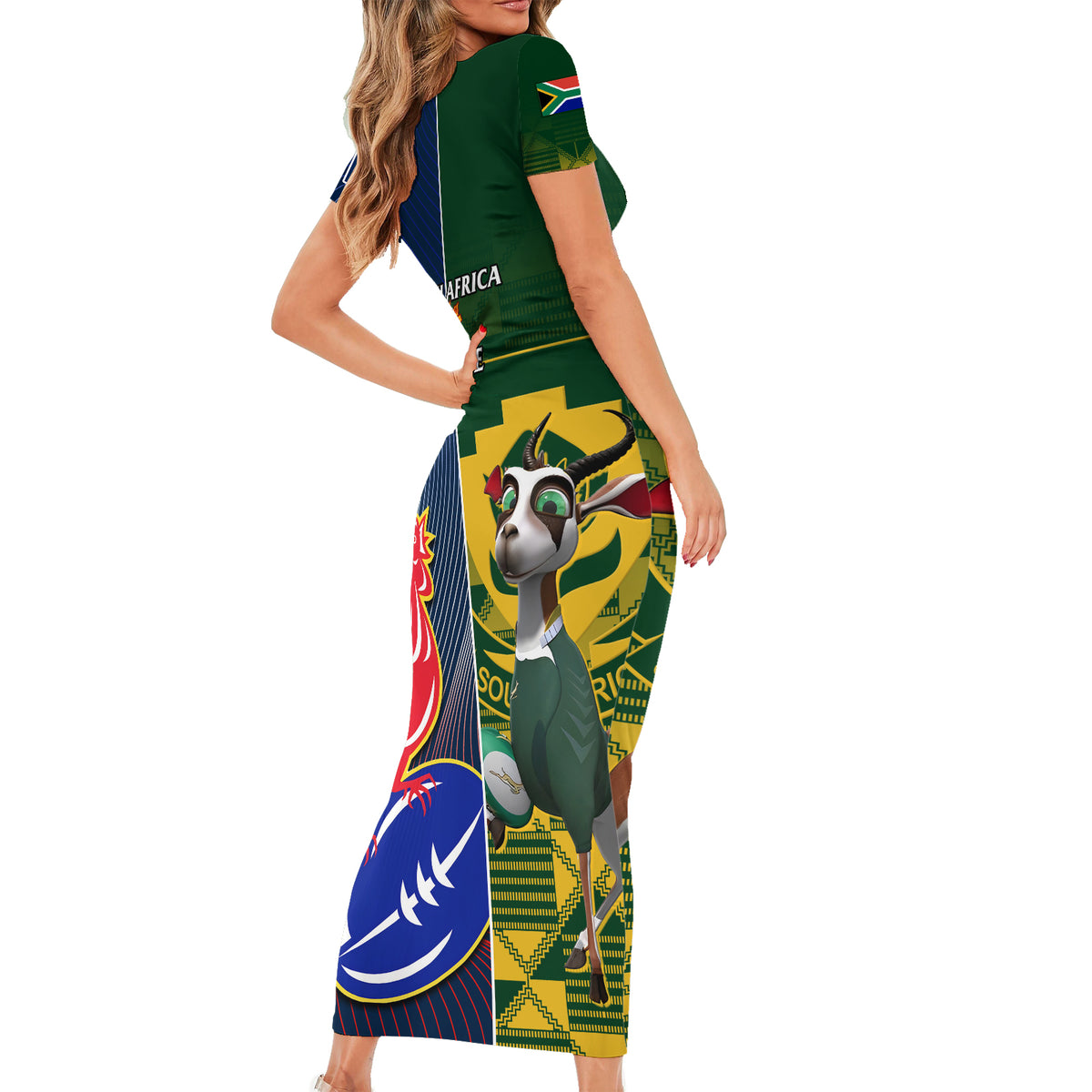 South Africa And France Rugby Short Sleeve Bodycon Dress Springboks With Les Bleus Together 2023 World Cup - Wonder Print Shop