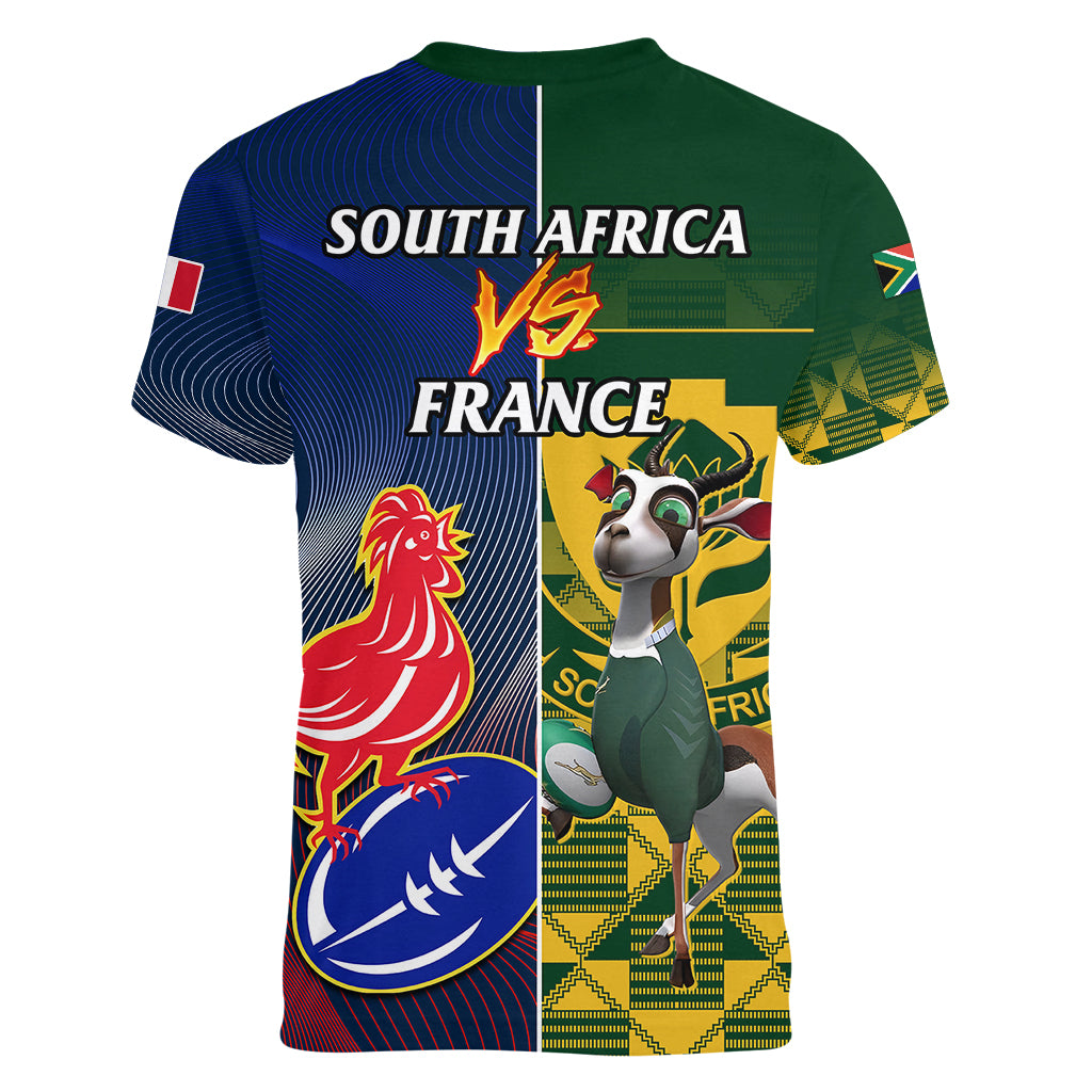 South Africa And France Rugby Women V Neck T Shirt Springboks With Les Bleus Together 2023 World Cup - Wonder Print Shop