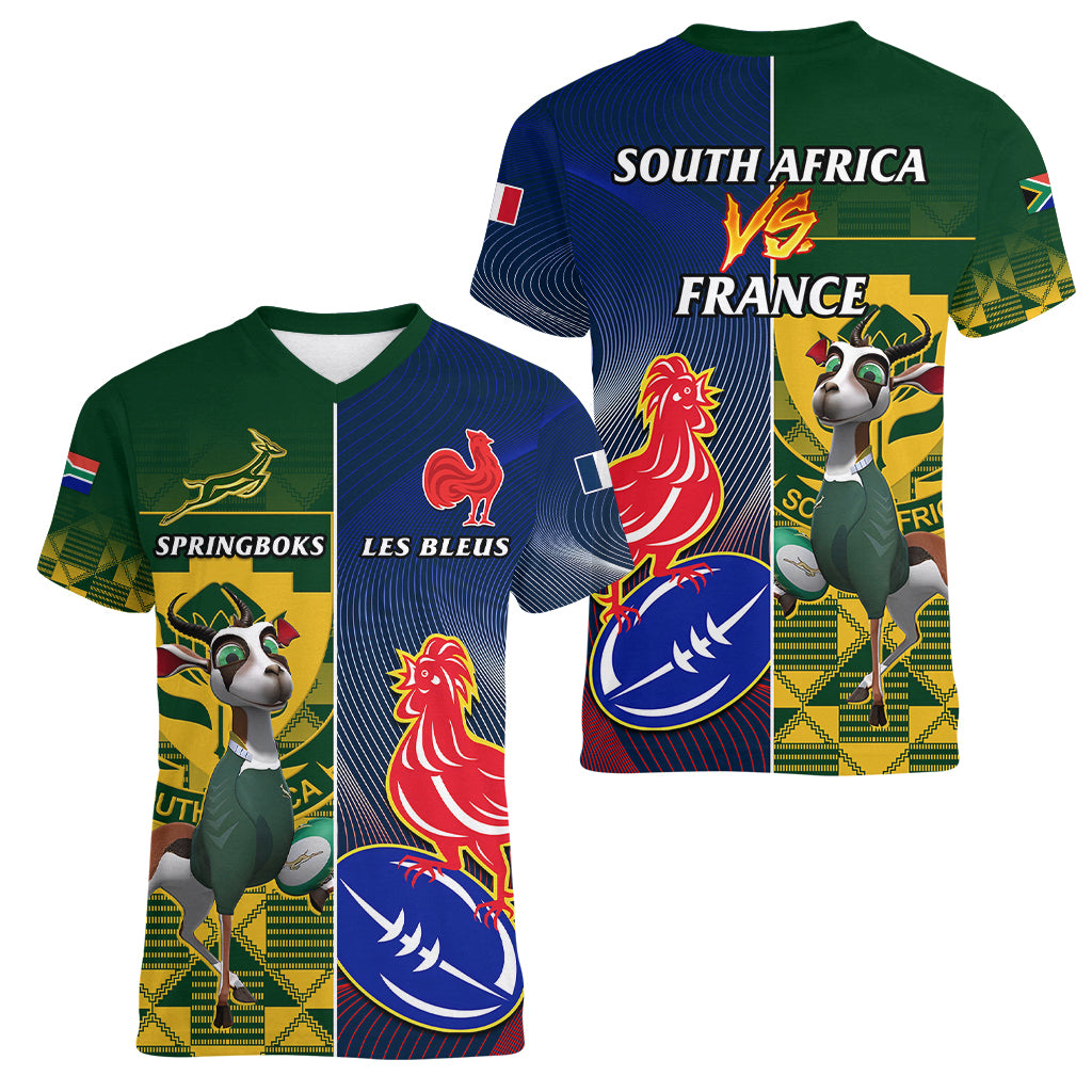 South Africa And France Rugby Women V Neck T Shirt Springboks With Les Bleus Together 2023 World Cup - Wonder Print Shop