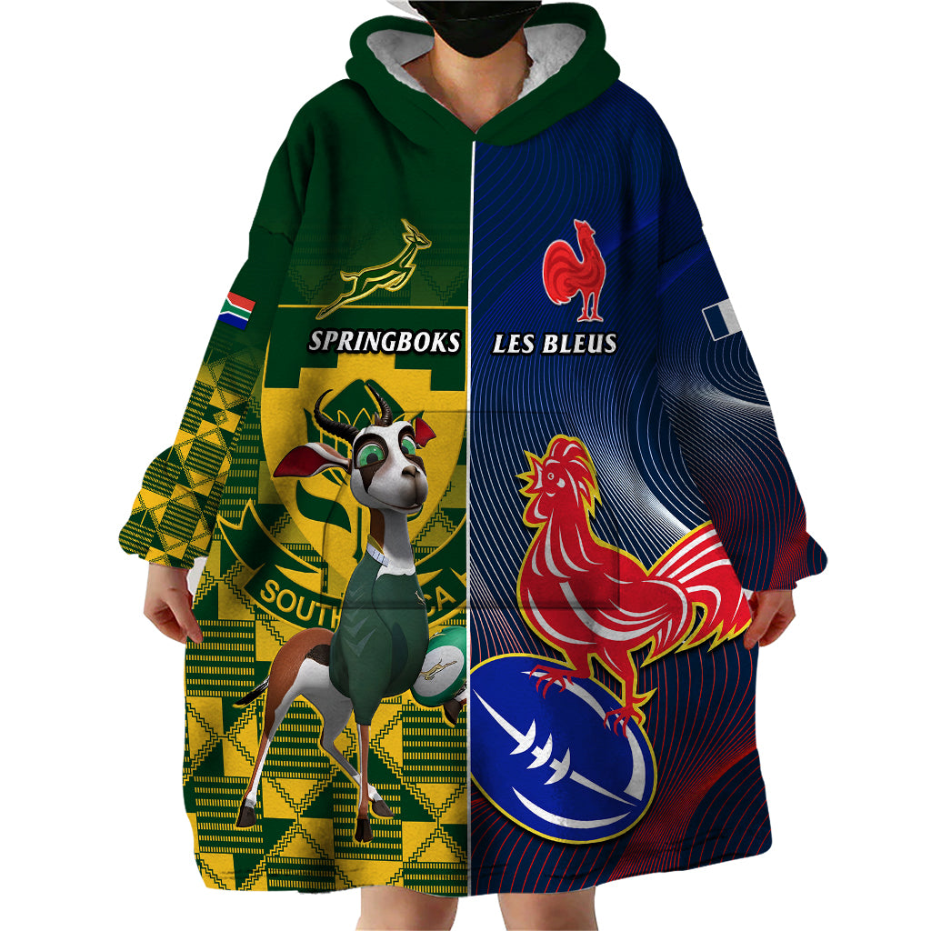 Custom South Africa And France Rugby Wearable Blanket Hoodie Springboks With Les Bleus Together 2023 World Cup - Wonder Print Shop