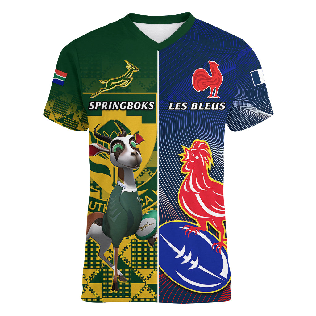 Custom South Africa And France Rugby Women V Neck T Shirt Springboks With Les Bleus Together 2023 World Cup - Wonder Print Shop