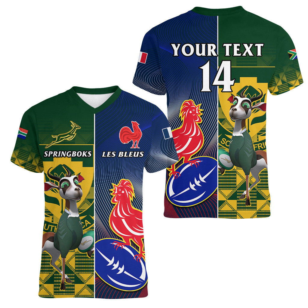Custom South Africa And France Rugby Women V Neck T Shirt Springboks With Les Bleus Together 2023 World Cup - Wonder Print Shop