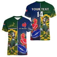 Custom South Africa And France Rugby Women V Neck T Shirt Springboks With Les Bleus Together 2023 World Cup - Wonder Print Shop