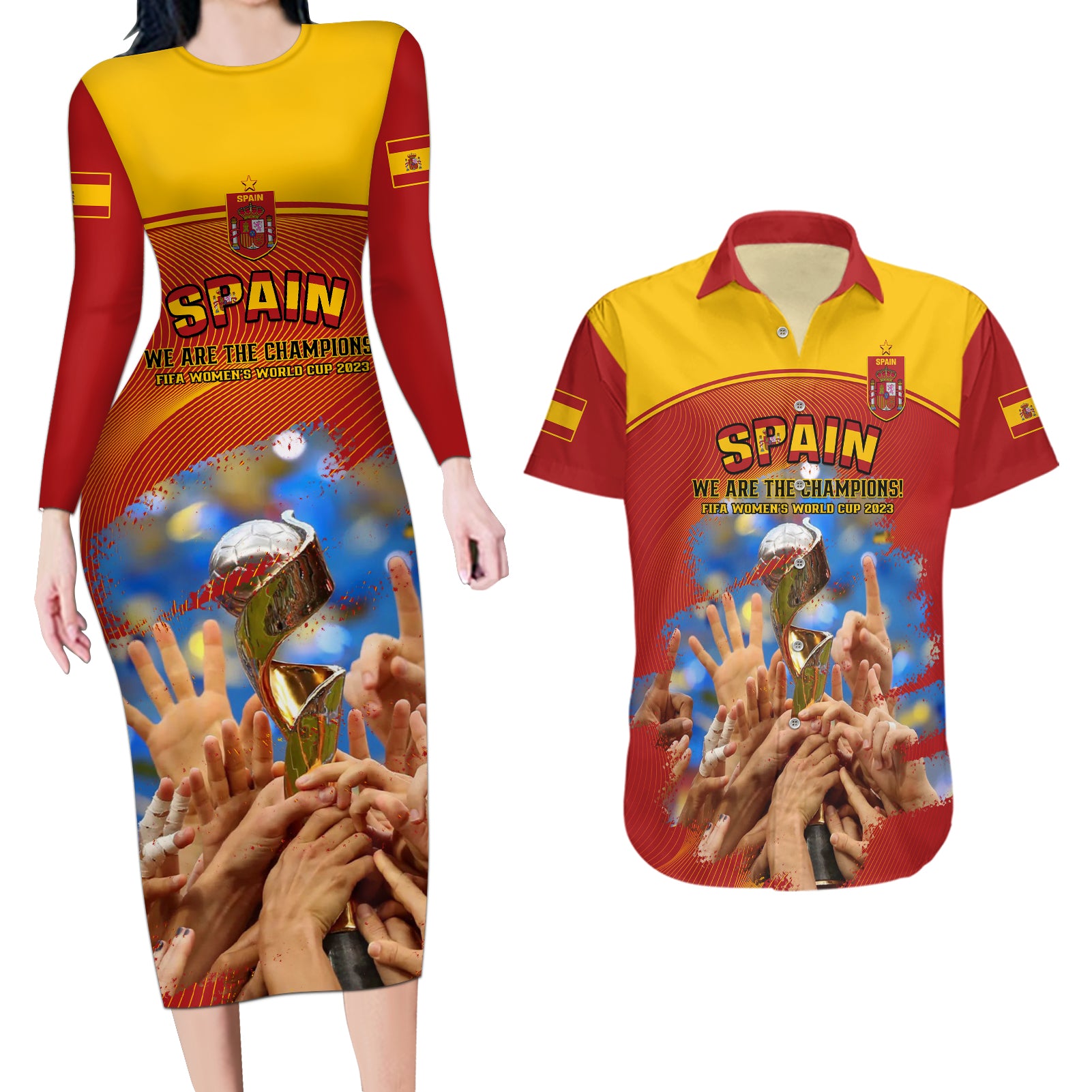 Spain Football Couples Matching Long Sleeve Bodycon Dress and Hawaiian Shirt 2023 World Cup Champions Proud Of Our Girls - Wonder Print Shop