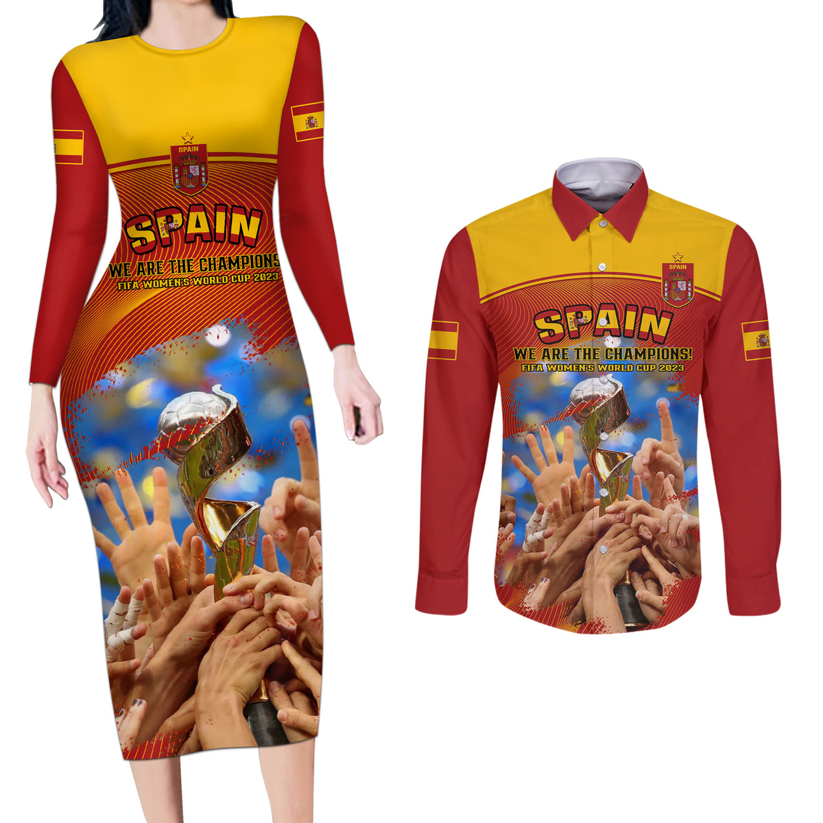 Spain Football Couples Matching Long Sleeve Bodycon Dress and Long Sleeve Button Shirts 2023 World Cup Champions Proud Of Our Girls - Wonder Print Shop