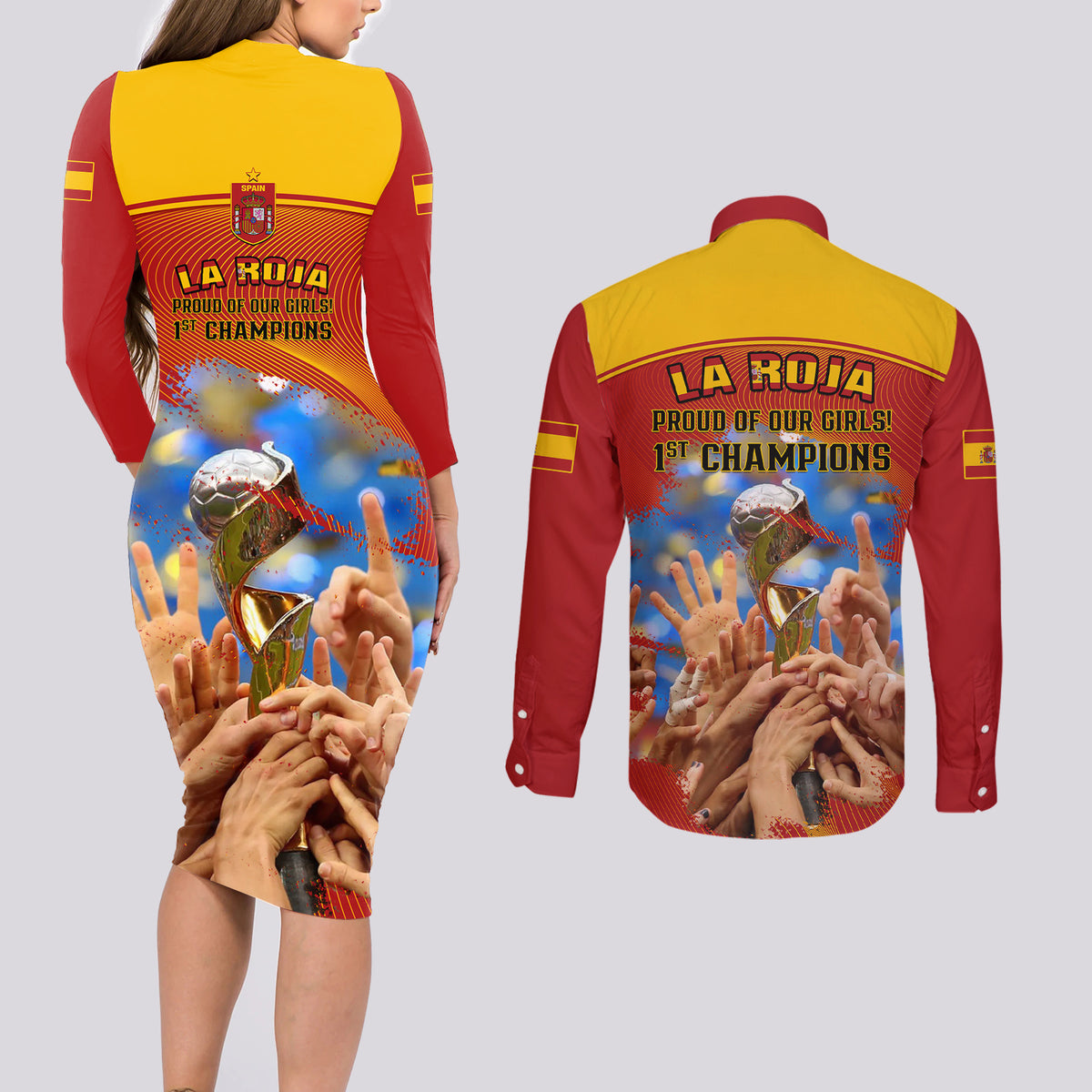 Spain Football Couples Matching Long Sleeve Bodycon Dress and Long Sleeve Button Shirts 2023 World Cup Champions Proud Of Our Girls - Wonder Print Shop