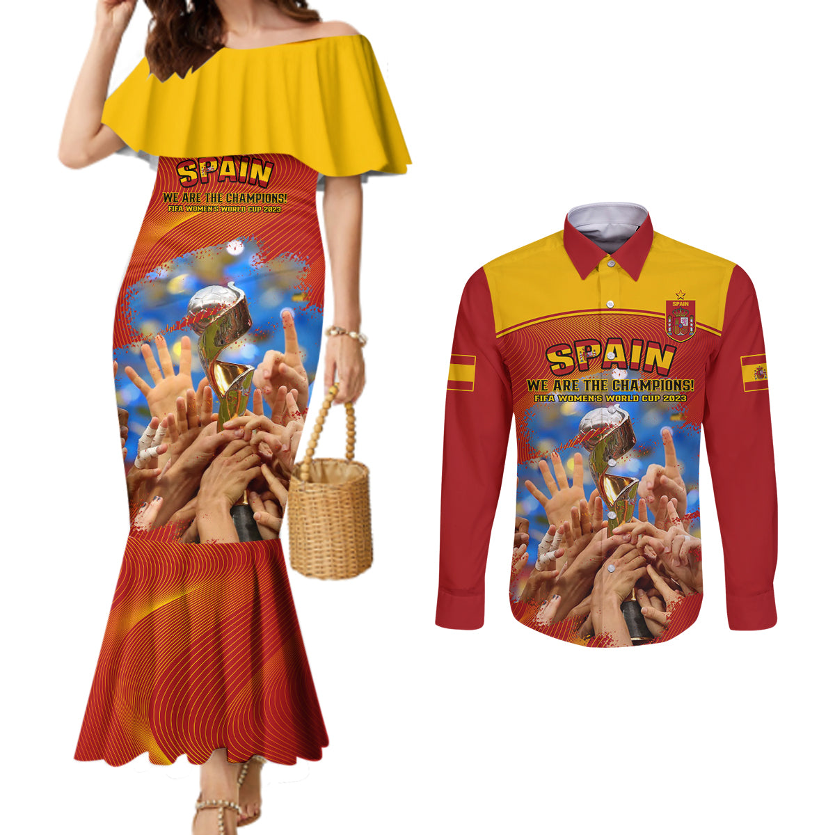 spain-football-couples-matching-mermaid-dress-and-long-sleeve-button-shirts-2023-world-cup-champions-proud-of-our-girls